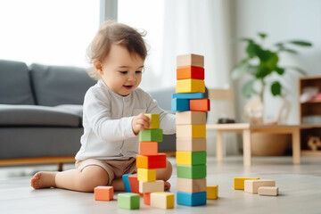 Delightful Young Kid Engaged in Playtime, Captivatingly Building a Tower Made Up of Multiple Colored Cubes