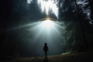 Mysterious UFO Abduction of a Child in a Dense Forest, Mid-Abduction Scene - obrazy, fototapety, plakaty