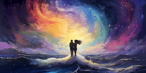 Romantic Illustration of a Loving Couple Under a Starry Sky Amid a Storm, With an Emphasis on Nature\u2019s Magnificence and the Power of Big Waves
