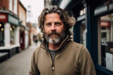 Portrait of handsome mature man with long grey hair and beard in the city
