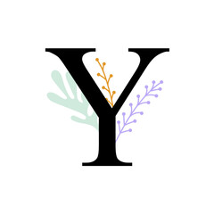 Floral alphabet, letter Y with flowers and leaf. For invitations, greeting card, logo, poster and other design.