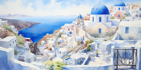 Aerial View of Santorini, Greece - A Vibrant Watercolor Painting Illustration - obrazy, fototapety, plakaty
