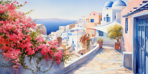 Watercolor Painting of Tranquil Streets in Santorini, Greece: Provencal Architecture and Azure Sky - obrazy, fototapety, plakaty