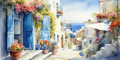 Fototapeta na wymiar Watercolor Painting of Idyllic Santorini Streets in Greece, Provencal-inspired Artwork of the Landscape.
