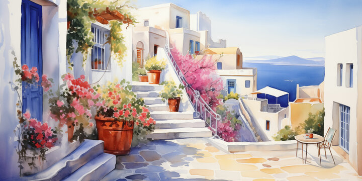 Fototapeta Watercolor Painting of Santorini Streets in Greece with Provence Influence, Vibrant Buildings and Azure Sky