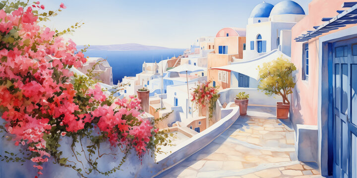 Fototapeta Watercolor Painting of Tranquil Streets in Santorini, Greece: Provencal Architecture and Azure Sky