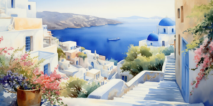 Fototapeta Picturesque Watercolor Painting of Santorini Streets, Greece with Provence Influence - Creativity Meets Travel