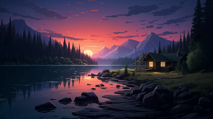 Small, Empty Cabin By The Lake Under Pristine Sky, A Relaxing Digital Wallpaper