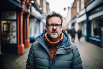 Portrait of a middle-aged man in glasses and a warm jacket on a city street.
