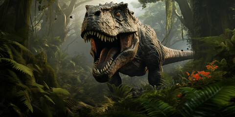 Ultra-Realistic Scene of a T-Rex Hunting for Prey in a Lush Jungle Environment, Signifying Power and Survival in the Natural Landscape