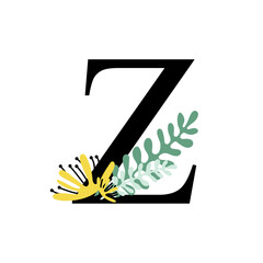  Floral alphabet, letter Z with flowers and leaf. For invitations, greeting card, logo, poster and other design.