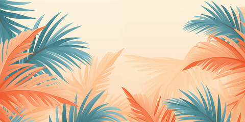 Minimalist Cartoon Styled Tropical Background with Vibrantly Illustrated Palm Leaves - A Creative Artistic Interpretation of Tropical Morning Landscape.