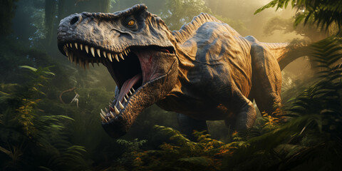 T-Rex Hunting for Prey in Lush Jungle Environment Showcasing Prehistoric Ultra Realistic Adaptation