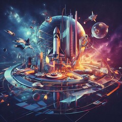 The design reflects a vision of the future with space vehicles and space settlements. - obrazy, fototapety, plakaty