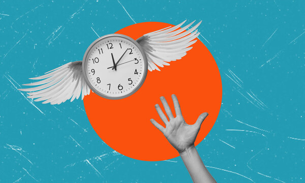 A contemporary artistic collage Time flies. A hand reaching out to grasp time, depicted as clock with wings.
