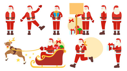 サンタクロース。様々な動作。フラットなベクターイラストセット。 Santa Claus. Various motions. Flat designed vector illustration set.