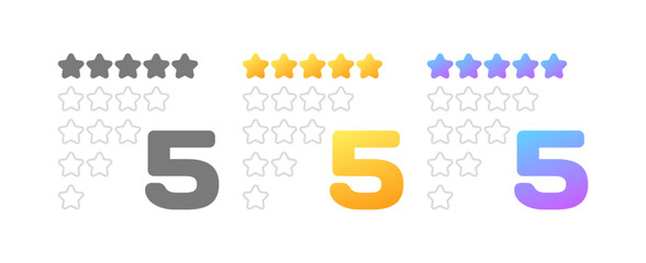 Star rating icons. Different styles, color, 5 star rating. Vector icons