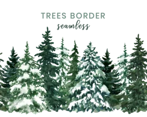 Fototapeten Watercolor winter pine tree forest seamless border. Hand-painted conifer spruce trees background. Nature landscape scene. PNG clipart. © Anna Nekotangerine