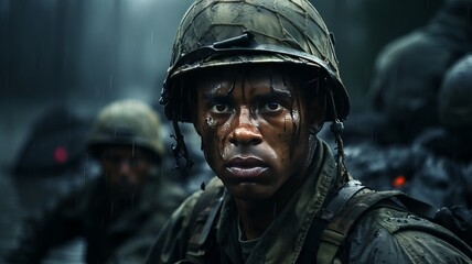 Portrait of a soldier in a war zone