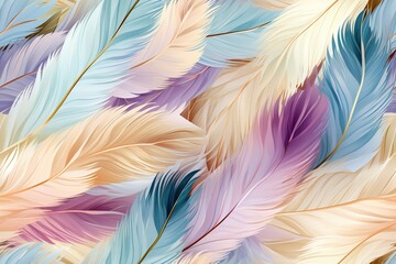 Colorful feathers, feather pattern in soft colors. Bright background. Generated by artificial intelligence