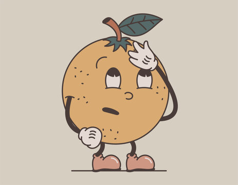 Funny retro groovy fruit character. Vector isolated orange rolling his eyes and doing a facepalm, old cartoon style.