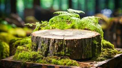 Wooden stump in the forest with green moss. Quiet woodland with lush flora.