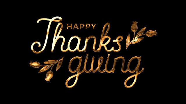Happy Thanksgiving Day Text Animation in Gold Color. Animated Happy Thanksgiving. Alpha Channel. 4K Animation Footage. Happy Thanksgiving