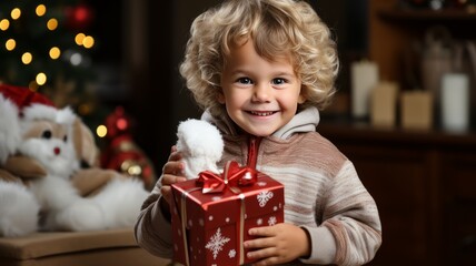 Obraz na płótnie Canvas Happy toddler with Christmas present