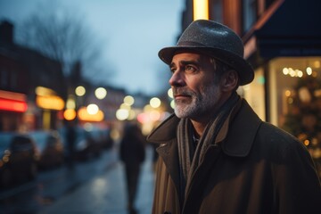 Portrait of a senior man with hat and coat walking in the city at night