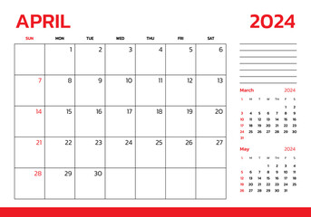 April 2024 Calendar. Week start on Sunday. Desk calendar 2024 design, simple and clean design, Wall calendar for print, digital calendar, Corporate design planner template vector.
