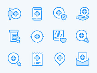 Healthcare vector line icons. Clinic and Hospital outline icon set. Pills, Pulse, Prescription, Ambulance, Medicine, Health, Medical service, First Aid and more.