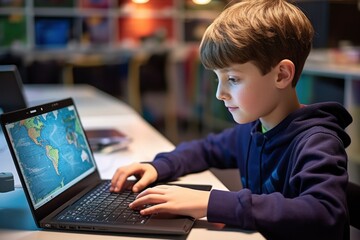 Kid coding on laptop at desk
