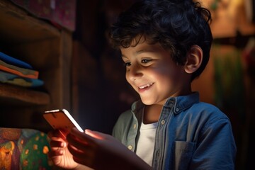 Fototapeta na wymiar Boy light up while playing smartphone games