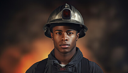 bombero de raza negra en traje de trabajo sobre fondo de fuego desenfocado - obrazy, fototapety, plakaty