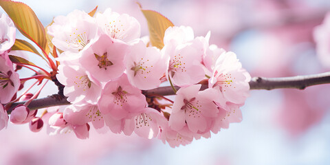 Sakura Flowers Background ,Spring cherry blossoms white flowers fruit tree branch blooming sakura purple floral background beautiful violet wallpaper selective focus with generative ai
