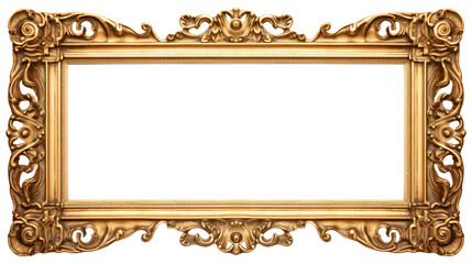 Shiny Golden Ornate Picture Frame with Intricate Isolated on Transparent Background PNG.