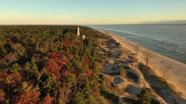 Aerial view of the Michigan Lake shoreline. The Great Lakes. Wisconsin, USA. Sunrise, golden hour