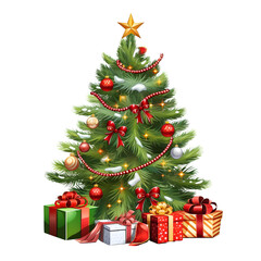 Festive Christmas tree with sparkling ornaments and lights, with a pile of presents, white background