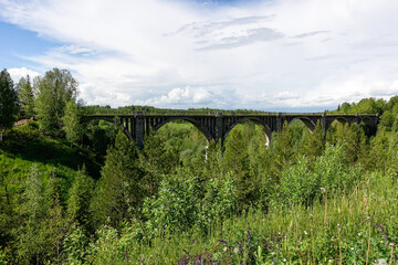 Railway bridge across the river in the south of the Kama region. The old Big Sars viaduct. The...