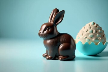 AI generated illustration of a chocolate rabbit and a yellow egg on a blue background.