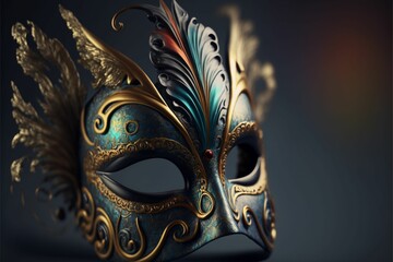 AI generated illustration of a party mask on a dark background.