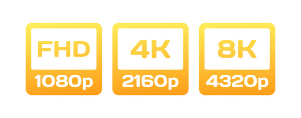 FHD, 4K, 8K resolution icons. Flat, yellow, resolution icons, FHD, 4K, 8K resolution. Vector icons