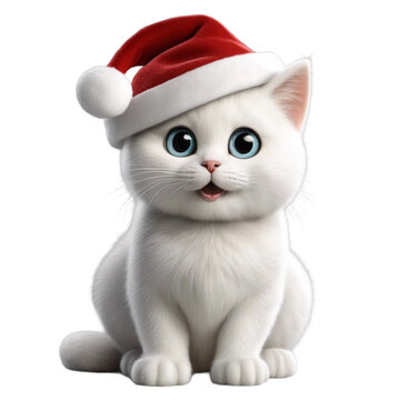 Christmas White Kitten Wearning Santa Claus Hat Clipart, New Year, Isolated on Transparent Background Png HD