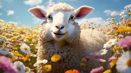 Sheep In A Field of Flowers