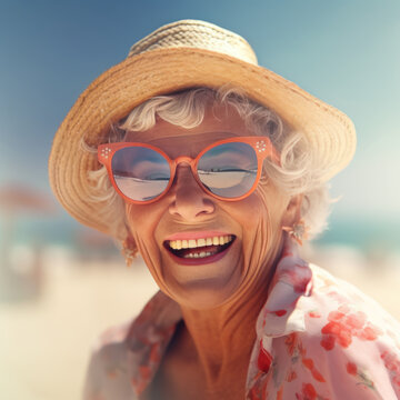 Smiling senior woman at the beach, natural lifestyle, enjoying the sunny weather