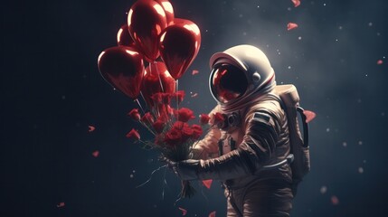 Man Astronaut giving Woman Astronaut a bouquet of red roses 