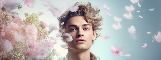 Beautiful young man with flowers over head on blue background baner - obrazy, fototapety, plakaty