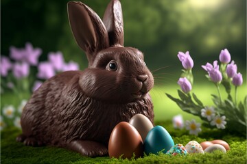 AI generated illustration of a rabbit and chocolate easter eggs in the garden
