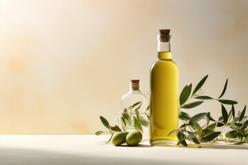 Bottle of olive oil and green olives with leaves on light background