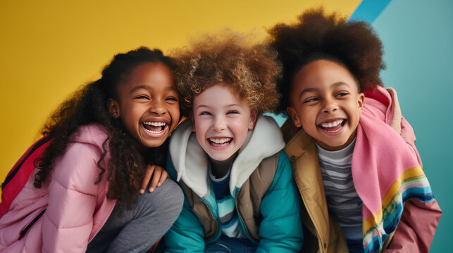 Happy Children Girls On Colored Background